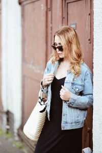 denim jacket and dress outfit